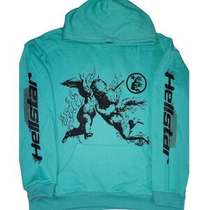 Hellstar Graphic Hoodie Teal Cherub Print Long Sleeve Hooded Sweatshirt Mens XL